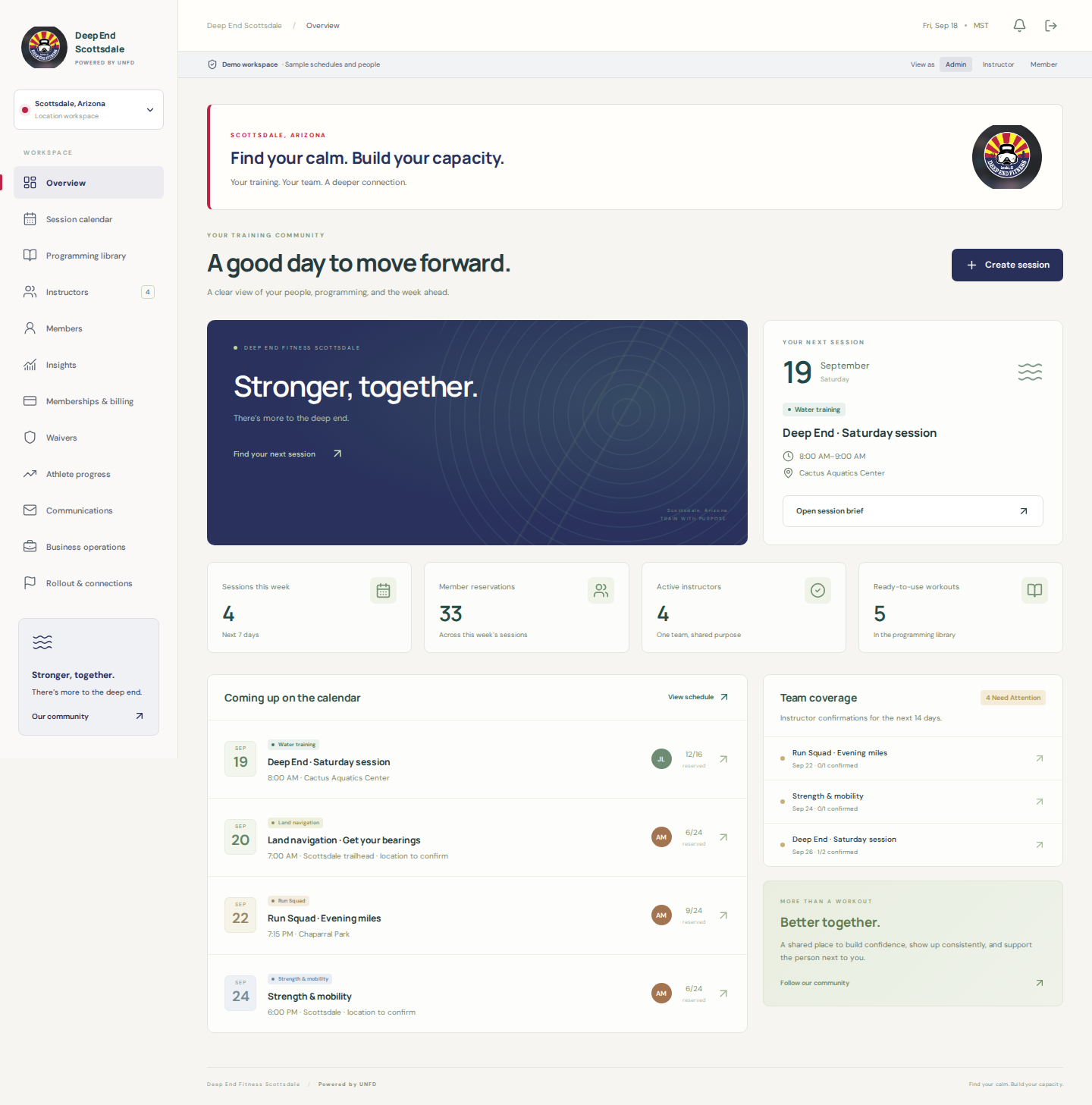 Sample Deep End administrator workspace with its own branding, session calendar, and company navigation